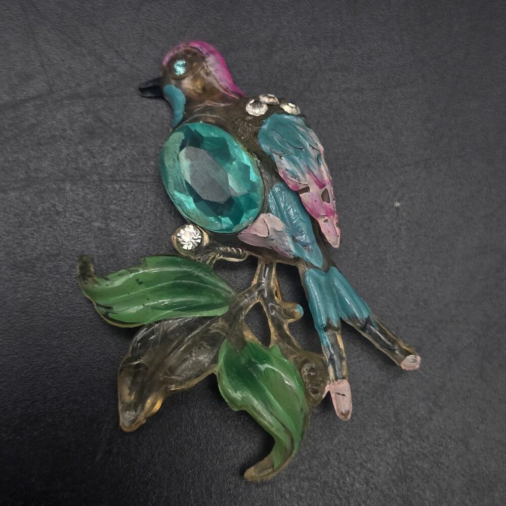 Vintage Molded Plastic Painted Bird Brooch with Rhinestone Colorful